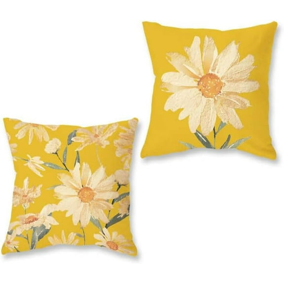 Summer Daisy Pillow Covers 18x18 Inch Set of 2 Farmhouse Yellow Watercolor Daisy Floral Decorations Patio Outdoor Cushion Case for Sofa Couch Home