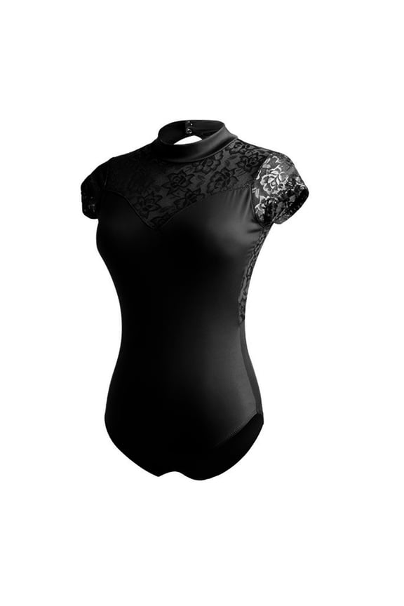 Summer Dance Bodysuit Women Ballet Skinny Cutout Back Thong Bottom Body Suits Lace High Neck One Piece Gymnastics Outfits, Black, M