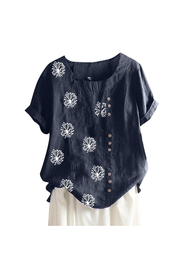 Summer Dandelion Linen Tops for Women Short Cuff Sleeve Button Pattern Top Shirts Casual Loose Holiday Beach Blouse
