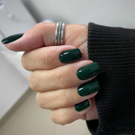 Summer Dark Green Press on Nails Medium Short Square, Salon Like Coffin Fake Nails with Solid Color,Seamless Soft Gel Stick on Nails for Women,Natural Press-on No Pressure GreenB 0.04 Ounce (Pack