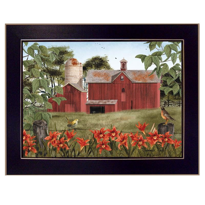 Vintage Red Barn Landscape Quote Print on Canvas with Black Frame
