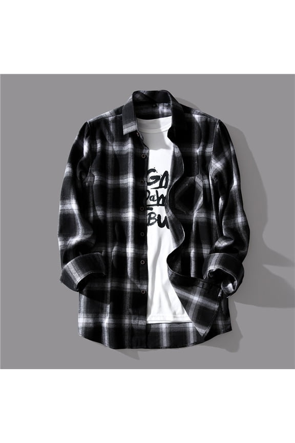 Black Mens Long Sleeve Tee Shirts Lape L Collar Button Tops Plaid Print Shirts Fashion Causal Hiking Fishing Shirts with Poclets