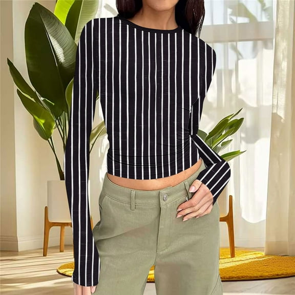 Dahjin Black Womens Long Sleeve Tops Round Neck Skinny Stretch Shirts Striped Print Causal Soft Blouse Fall Fashion