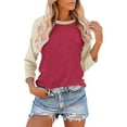 thumbnail image 1 of Dahjin Red Womens Summer Tops 3/4 Length Sleeve Round Neck Colorblock Tee Shirts Loose Causal Fashion Beach Vacation Blouses, 1 of 5