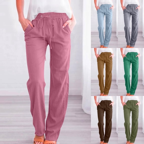 Linen Pants Women Joggers Hiking Lightweight Pants Drawstring e Lastic High Waist Outdoor Pants Loose Fits Summer Solid Color Trousers with Pockets