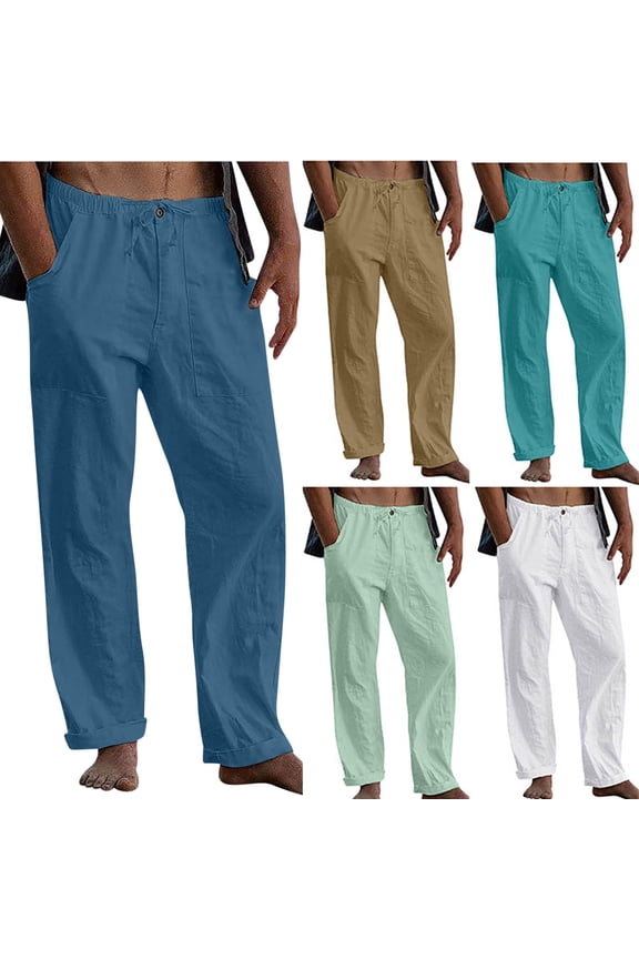 Mens Linen Pants Hiking Sports Drawing e Lastic Waist Trousers Fashion Solid Color Lightweight Breathable Pants with Pockets