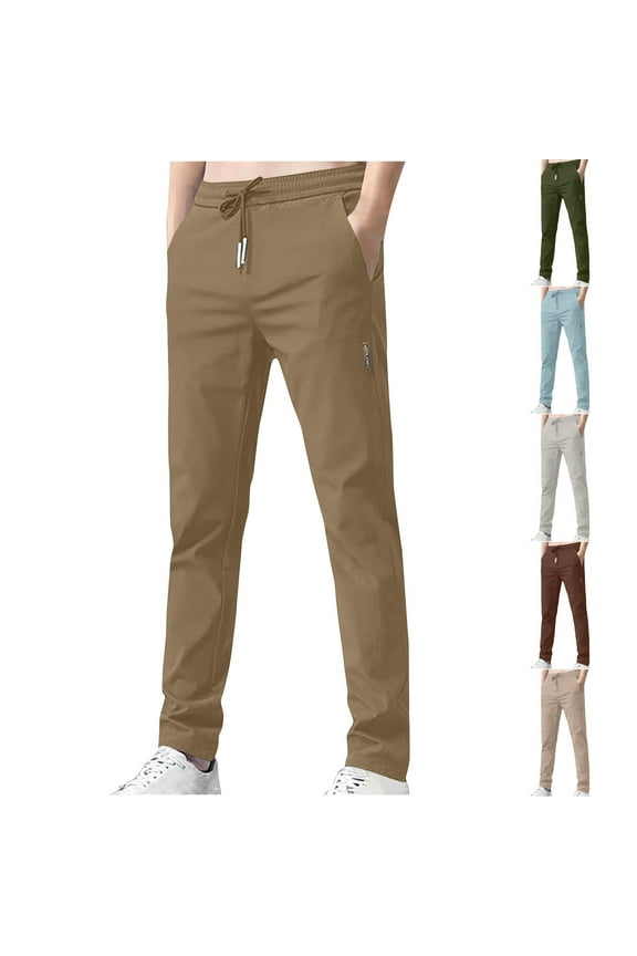 Pants for Men Fashion Drawstring e Lastic Waist Trousers Thin Straight Leg Business Causal Solid Color Stretch Pants with Pockets