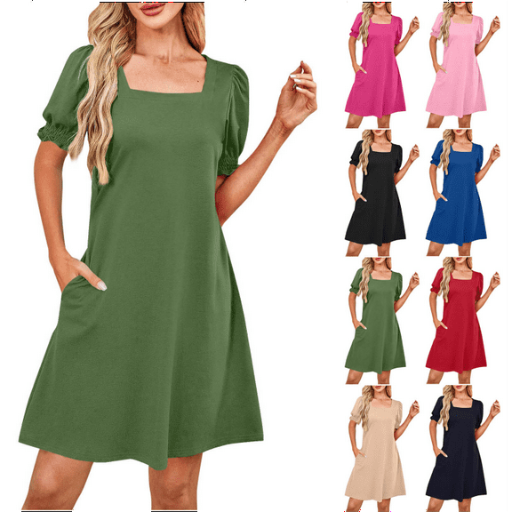Summer Deal Green Women Dresses Trendy Pocket Dress Short Sleeve Solid Color Casual Up to 65% off!