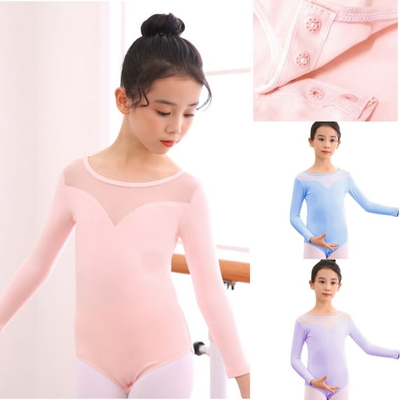 Kctiaxy Blue Toddler Dance Leotard for Girls Long Sleeve Cre W Neck Ballet Leotards Dance Outfits Solid Color Summer Training One-piece Performance Clothes 3-15 Years