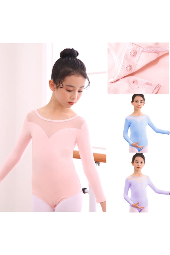 Blue Toddler Dance Leotard for Girls Long Sleeve Cre W Neck Ballet Leotards Dance Outfits Solid Color Summer Training One-piece Performance Clothes 3-15 Years