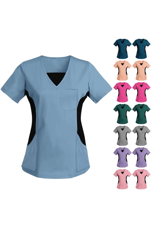 Gray Nursing Scrubs for Women Short Sleeve V Neck T Shirts Colorblocking Summer Fashion Causal Stretch Working Scrub Tops with Pockets