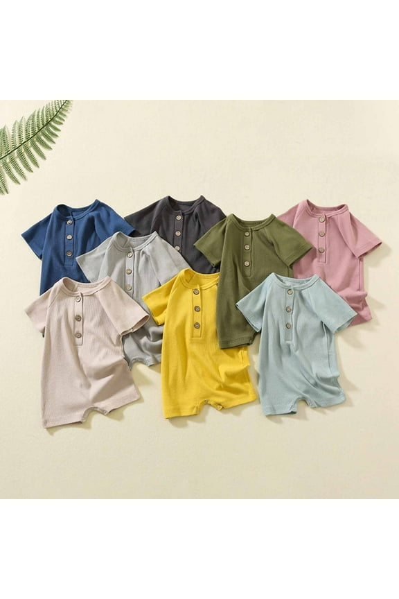 Green Toddler Baby Girl Romper Short Sleeve Round Neck T-Shirt Jumpsuits Button Up Solid Color Thin Summer Causal Cute Breathable Onesie Outfits 0-24 Months