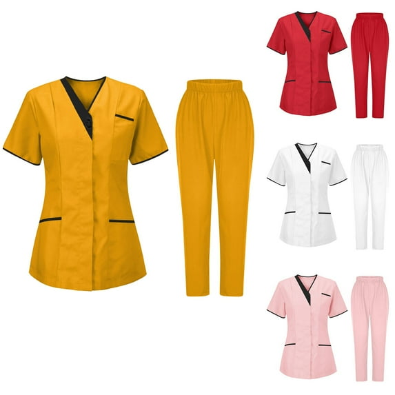 Kctiaxy Pink Womens Scrub Sets Short Sleeve V Neck Nursing Scrub Tops T-Shirts and e Lastic Waist Solid Color Causal Straight Leg Care Scrubs Uniform Pants with Pockets