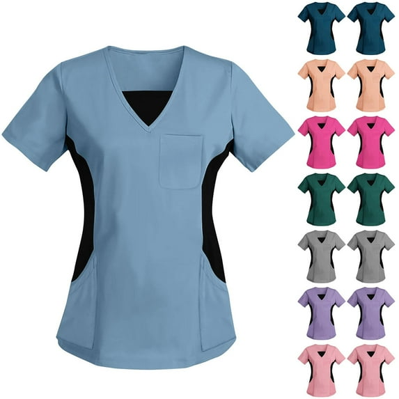 Kctiaxy Pink Womens Scrubs Short Sleeve V Neck T Shirts Tops Colorblocking Comfortable Summer Fashion Causal Nurse Scrubs with Pockets