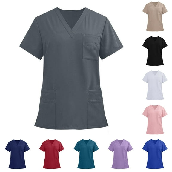 Summer Deal! Kctiaxy Pink Womens Scrubs Short Sleeve V Neck T Shirts Tops Solid Color Comfortable Stretch Nurse Scrubs for Men with Pockets