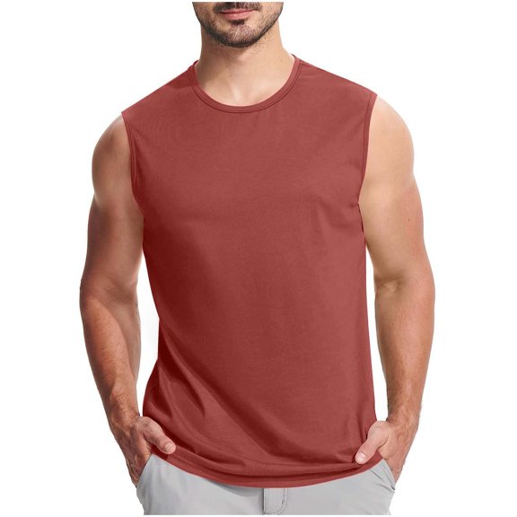 Summer Deal Tank Tops for Men Fashion Plus Size Solid Color Exercise Close-fitting High Resilience Round Neck Fitness Short-sleeved Save 65% Instantly!