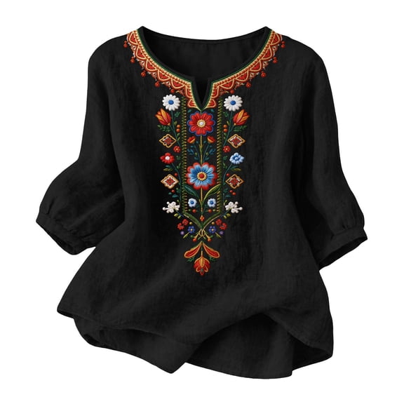 Summer Deal Tops for Women 3/4 Sleeve Boho Shirts Plus Size V Neck Embroidered Tunic Peasant Clothes