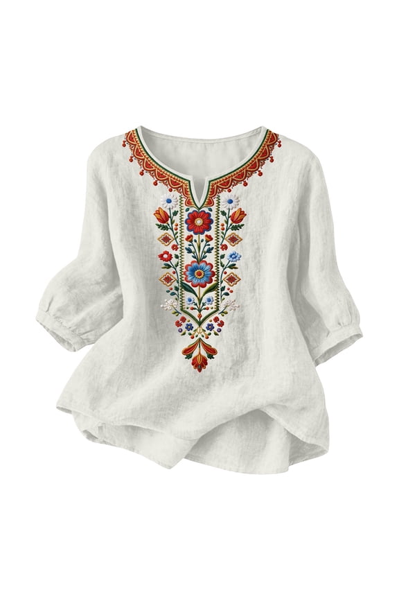 Summer Deal Tops for Women 3/4 Sleeve Boho Shirts Plus Size V Neck Embroidered Tunic Peasant Clothes