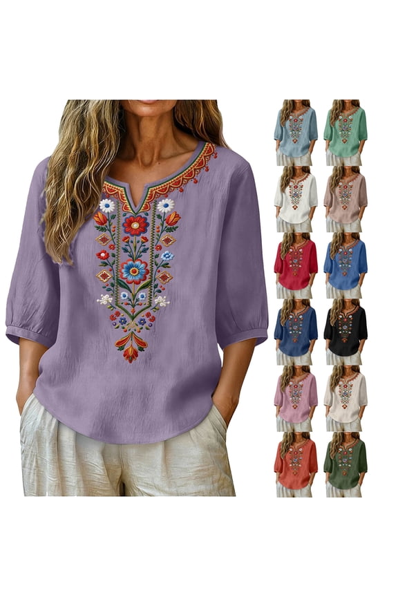 Summer Deal Tops for Women 3/4 Sleeve Boho Shirts Plus Size V Neck Embroidered Tunic Peasant Clothes