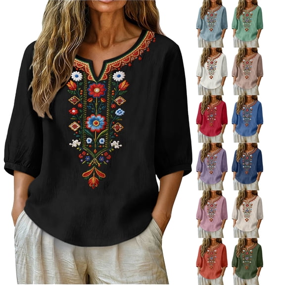 Summer Deal Tops for Women 3/4 Sleeve Boho Shirts Plus Size V Neck Embroidered Tunic Peasant Clothes