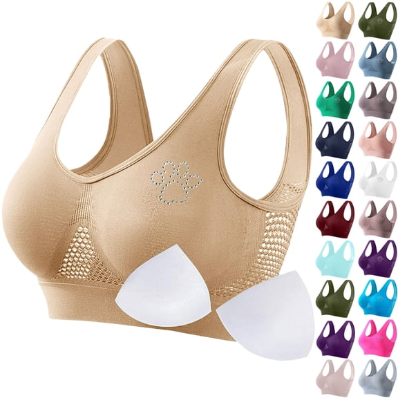 Summer Deal! Vibrex Women Seamless Sports Bra Wirefree Yoga Bra With Removable Pads Everyday Basic Sleeping Bra,Beige_M