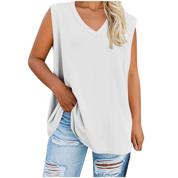 Summer Deal White Women Blouses Trendy V-Neck Solid Color Casual Pullover Sleeveless Up to 65% off!