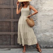 Summer Deal Womens Dresses Colid Color Strapless Sleeveless Dress with Pleat Splicing and A-line Large Dress Beige S