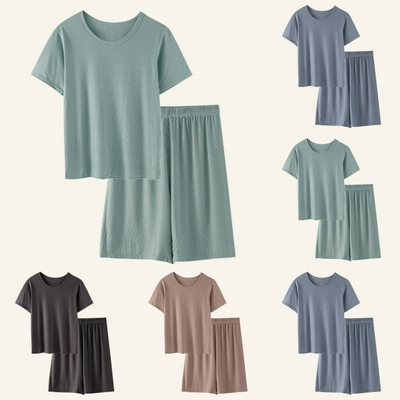 Yteetum Mens Pajama Short Sets Solid Color Thin Round Neck Casual Loose Soft Sleepwear T-shirt and Shorts Two Piece Sets