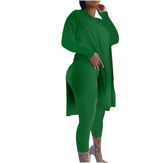 Summer Deals 2 Piece Outfits for Women Plus Size Solid V Neck Long Sleeve Side Split Loose Tops Straight Leg Pants Casual Outfits(XX-Large,Green)