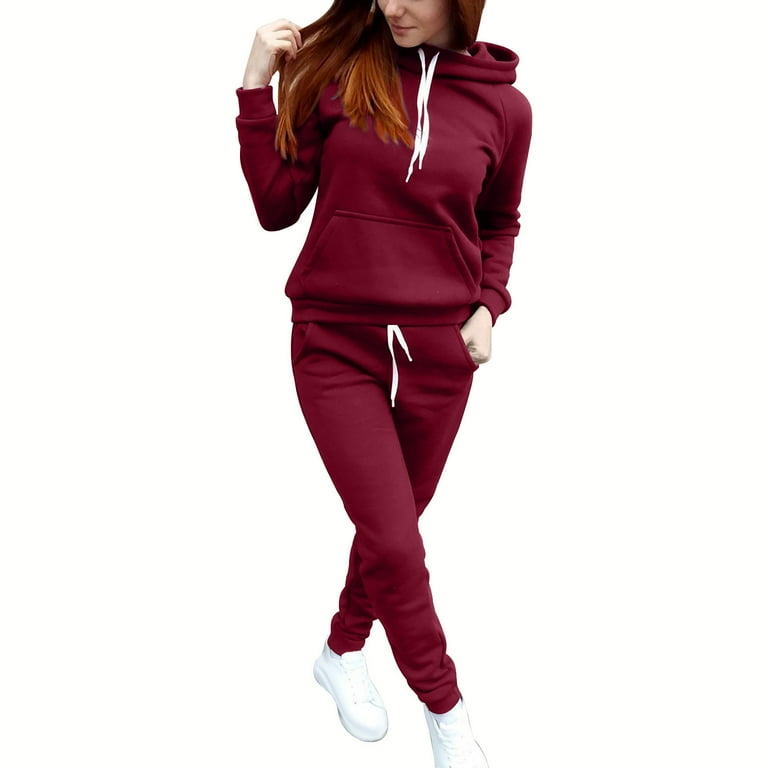 Summer Deals 2 Piece Sweatsuits for Women Solid Color Casual Sets Pullover Hoodies with Pockets Stretchy Sweatpants Workout Outfits Red XL Walmart