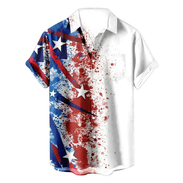 Summer Deals 2024 SMihono Independence Day Lapel Tees Shirt for Adult Men  Casual Fashion Turn-down Collar Hawaiian Printing Short Sleeve Have Pockets