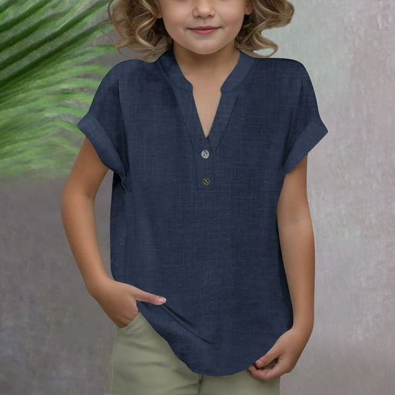 Summer Saving Clerance Shirts For Girls Size 4-14 Years Short Sleeve V-Neck Solid Color T-Shirts Summer Casual Lightweight Tops & Blouses for Girls Navy