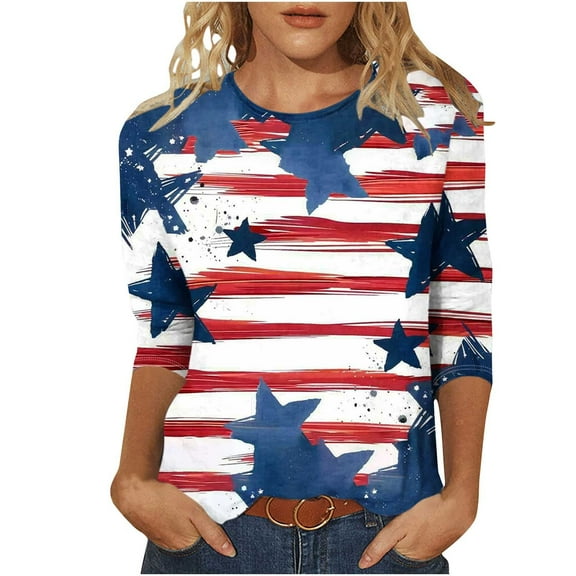 Summer American Flag Graphic Tops Round Neck 3/4 Sleeve Top American Flag Printed Tunics Blouses Trendy Sequined T Shirt Loose Dressy Tunic Blouses Going Out Holiday Party Streetwear
