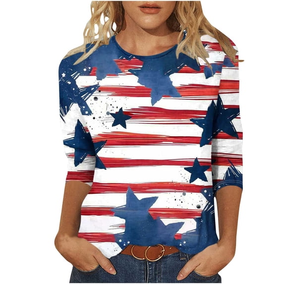 Summer American Flag Graphic Tops Round Neck 3/4 Sleeve Top American Flag Printed Tunics Blouses Trendy Sequined T Shirt Loose Dressy Tunic Blouses Going Out Holiday Party Streetwear