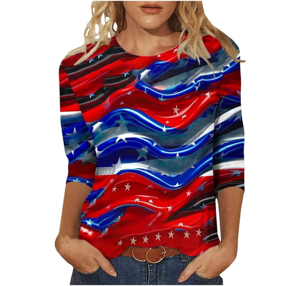 Summer American Flag Graphic Tops Round Neck 3/4 Sleeve Top American Flag Printed Tunics Blouses Trendy Sequined T Shirt Loose Dressy Tunic Blouses Going Out Holiday Party Streetwear