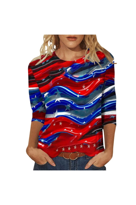 Summer American Flag Graphic Tops Round Neck 3/4 Sleeve Top American Flag Printed Tunics Blouses Trendy Sequined T Shirt Loose Dressy Tunic Blouses Going Out Holiday Party Streetwear