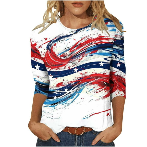 Summer American Flag Graphic Tops Round Neck 3/4 Sleeve Top American Flag Printed Tunics Blouses Trendy Sequined T Shirt Loose Dressy Tunic Blouses Going Out Holiday Party Streetwear