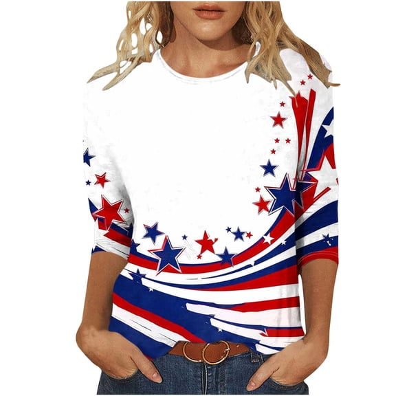 Summer American Flag Graphic Tops Round Neck 3/4 Sleeve Top American Flag Printed Tunics Blouses Trendy Sequined T Shirt Loose Dressy Tunic Blouses Going Out Holiday Party Streetwear