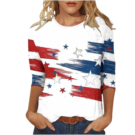 Summer American Flag Graphic Tops Round Neck 3/4 Sleeve Top American Flag Printed Tunics Blouses Trendy Sequined T Shirt Loose Dressy Tunic Blouses Going Out Holiday Party Streetwear