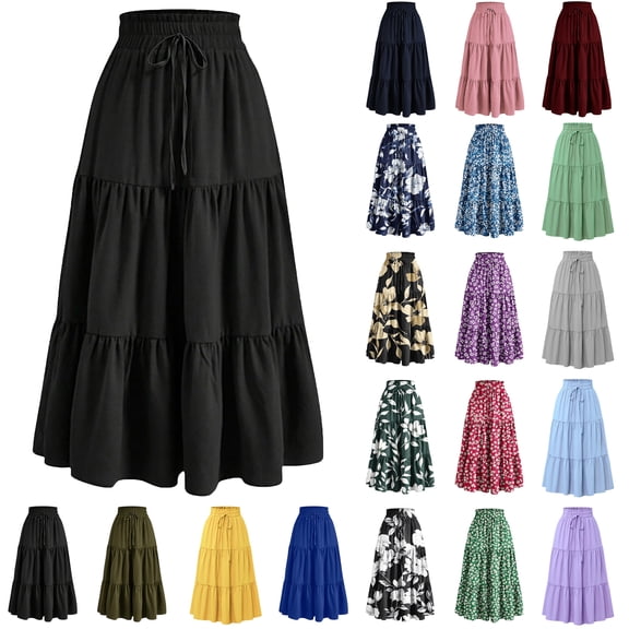 Skirt for Women Summer Casual High Waist Drawstring Maxi Skirts Trendy A-Line Solid Color Long Skirts with Pockets S-2XL