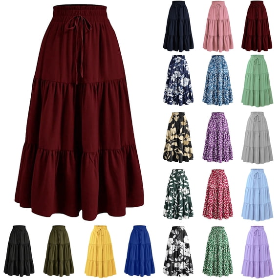 Skirt for Women Summer Casual High Waist Drawstring Maxi Skirts Trendy A-Line Solid Color Long Skirts with Pockets S-2XL