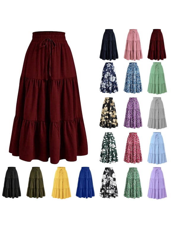 Skirt for Women Summer Casual High Waist Drawstring Maxi Skirts Trendy A-Line Solid Color Long Skirts with Pockets S-2XL
