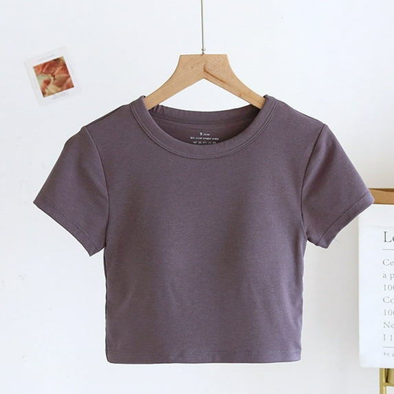 Crop Tops For Women with Built in Bras Summer Casual Crew Neck Short Sleeve Solid Color Pullover Lightweight Blouses T-Shirt for Women