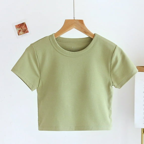 Crop Tops For Women with Built in Bras Summer Casual Crew Neck Short Sleeve Solid Color Pullover Lightweight Blouses T-Shirt for Women