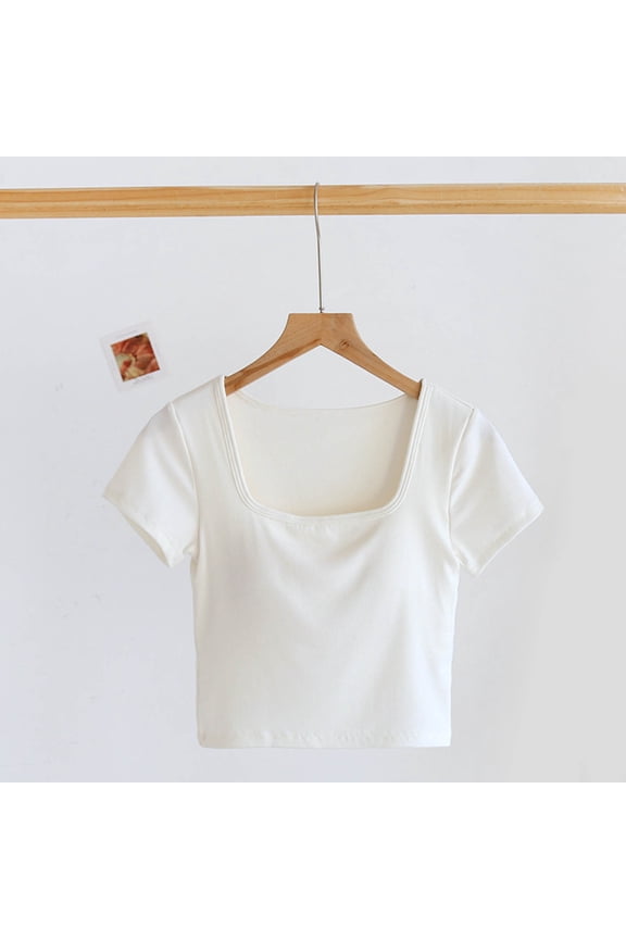 Crop Tops For Women with Built in Bras Summer Casual Square Neck Short Sleeve Solid Color Pullover Lightweight Blouses T-Shirt for Women