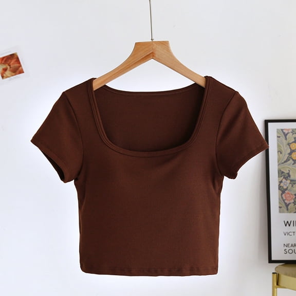 Crop Tops For Women with Built in Bras Summer Casual Square Neck Short Sleeve Solid Color Pullover Lightweight Blouses T-Shirt for Women