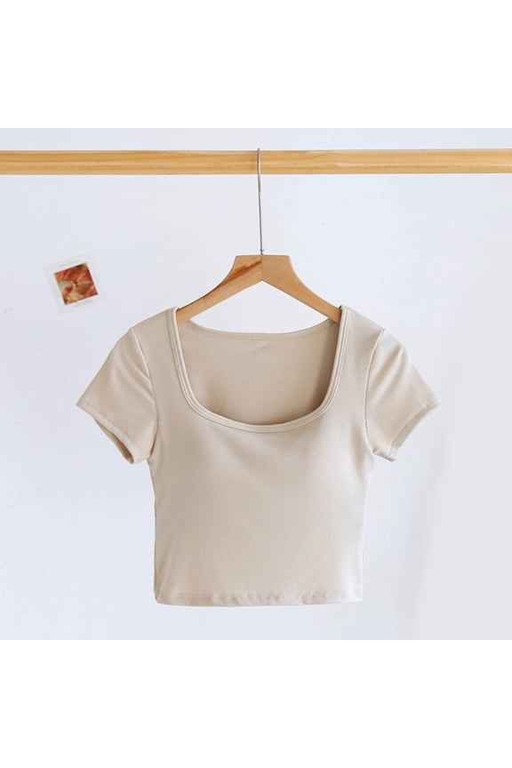 Crop Tops For Women with Built in Bras Summer Casual Square Neck Short Sleeve Solid Color Pullover Lightweight Blouses T-Shirt for Women