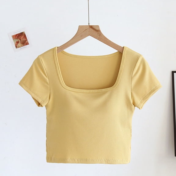 Crop Tops For Women with Built in Bras Summer Casual Square Neck Short Sleeve Solid Color Pullover Lightweight Blouses T-Shirt for Women
