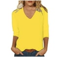 thumbnail image 1 of Summer Deals Deals 2024 Cotonie Women's Solid Color T-shirt 3/4 Sleeves Pullover V-Neck Blouse 2024 Trendy Casual Tops,Yellow,XL, 1 of 5