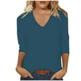 thumbnail image 1 of Summer Deals Deals Charella Womens V-Neck Casual Fall Shirt Tops Solid Color Loose T-shirt 3/4 Sleeves Blouse Navy,M, 1 of 5